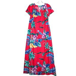 Hilo Hattie Dress Womens Medium Red Blue Hawaiian Maxi Tropical Vacation Vintage